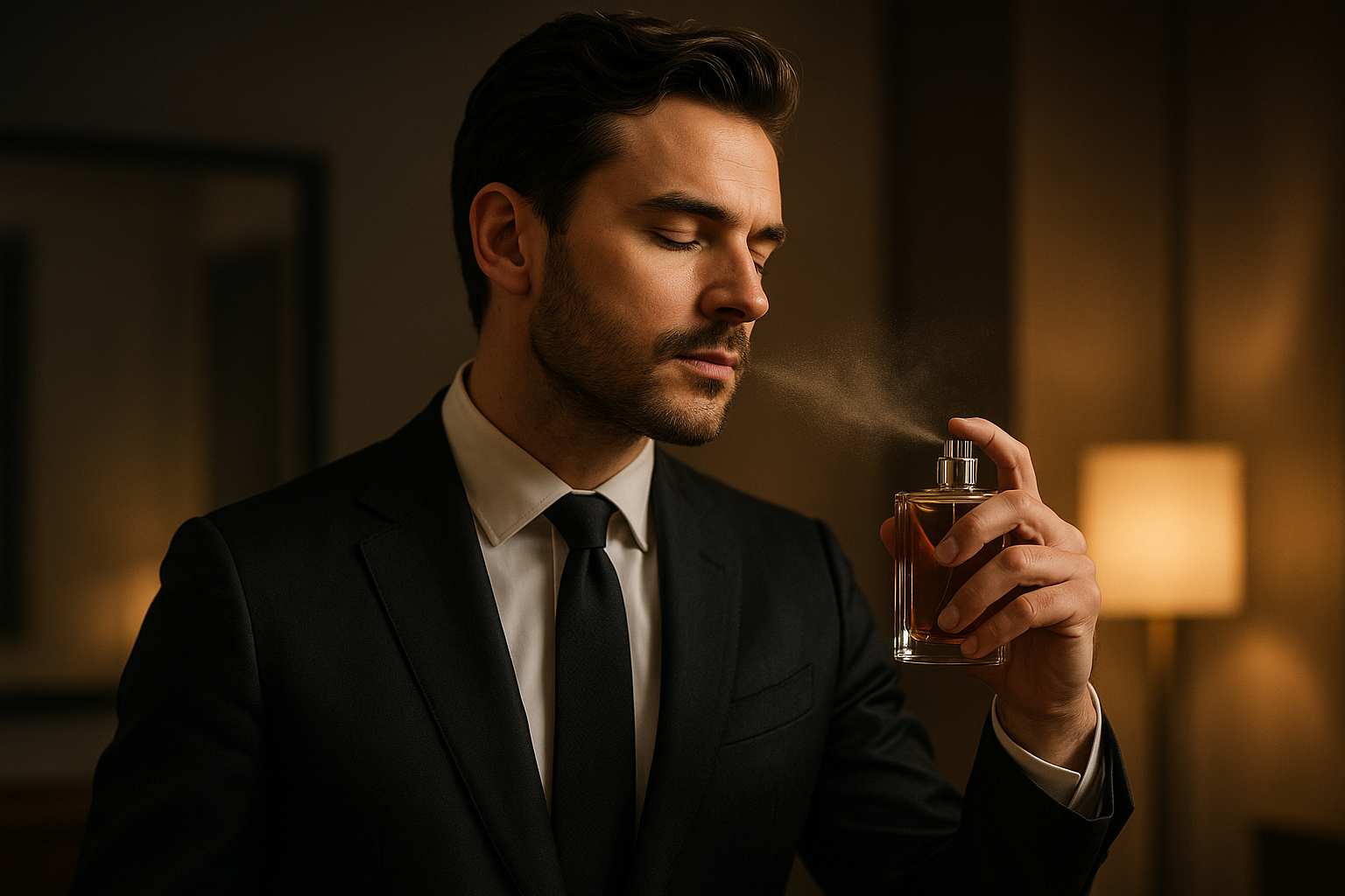 a man spray a bottle of parfums on him