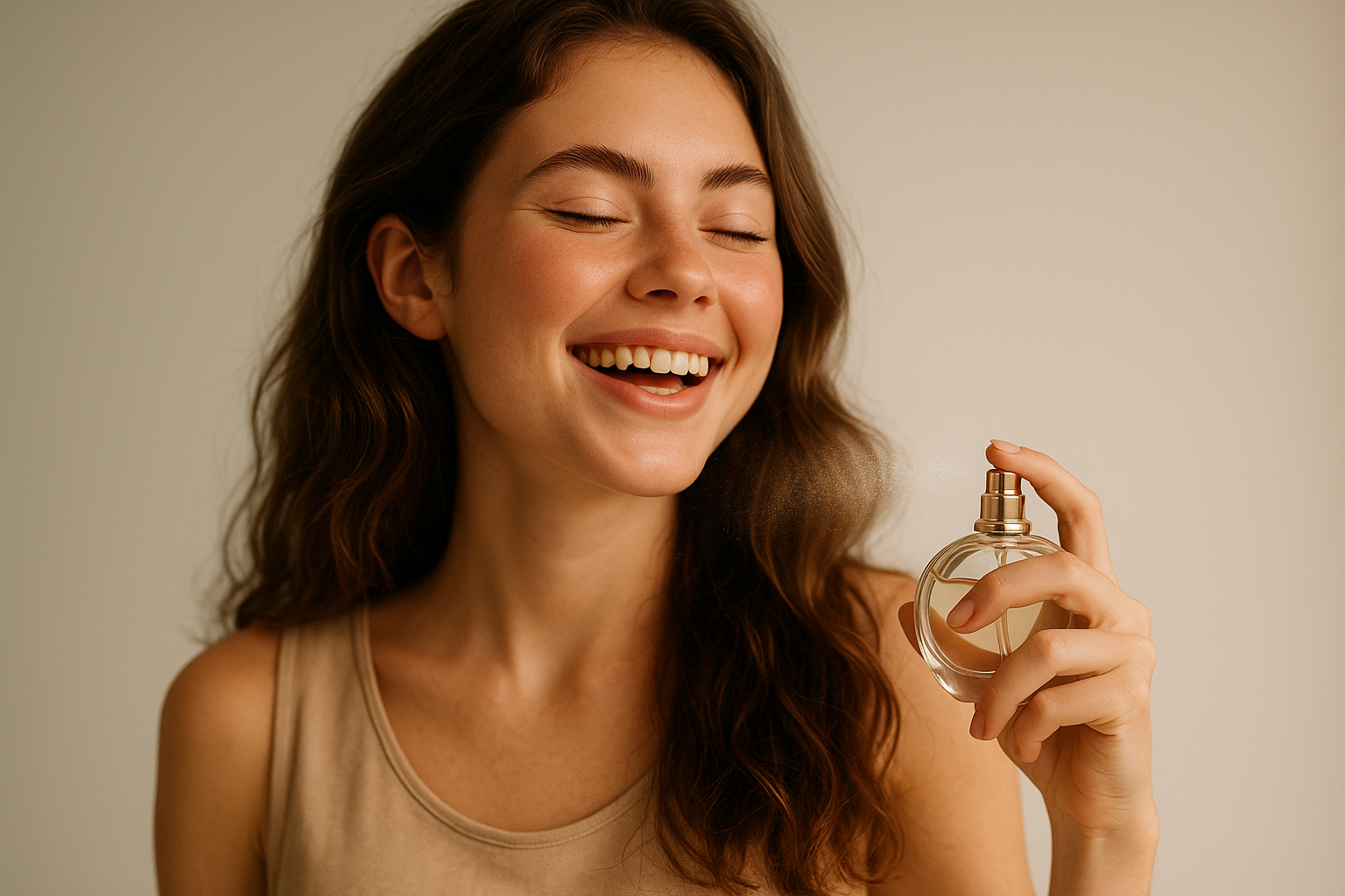 a young girl year old 20 spray a bottle of parfums on her and smiling